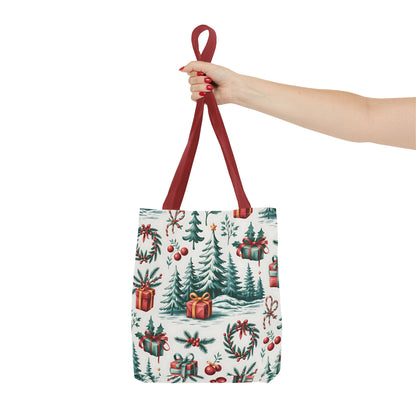 Festive Holiday Tote Bag with Christmas Trees and Gifts