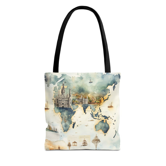 Vintage Watercolor World Map Tote Bag — Travel-Inspired AOP Tote