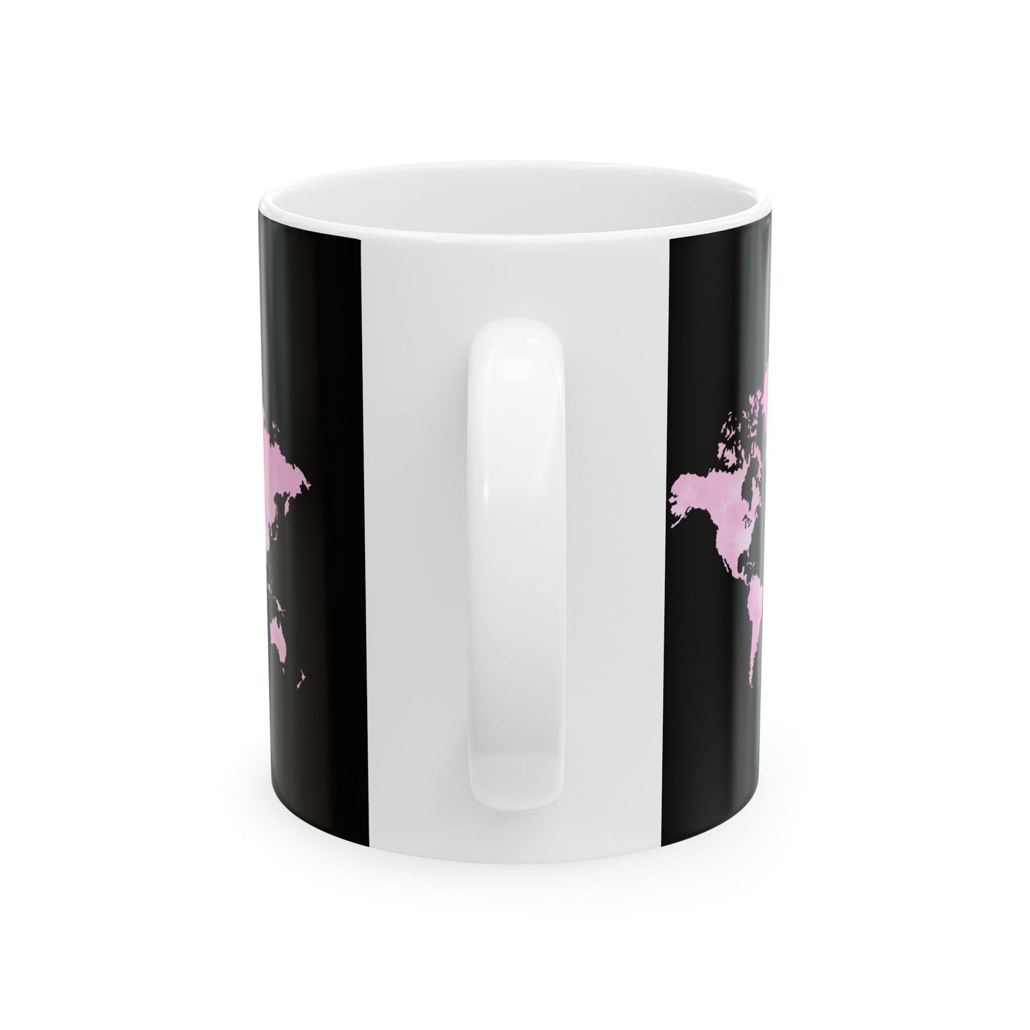 World Map Pink Splash Ceramic Mug — Black Travel Coffee Cup (11oz & 15oz)