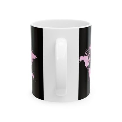 World Map Pink Splash Ceramic Mug — Black Travel Coffee Cup (11oz & 15oz)