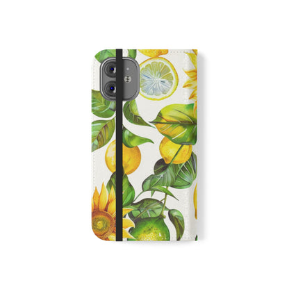 Sunflower & Lemon Flip Phone Case – Floral Wallet Flip Case with Card Slots