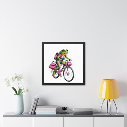 Whimsical Frog on Bicycle Framed Poster, Quirky Wall Art, Home Decor, Gift for Nature Lovers, Bike Enthusiasts