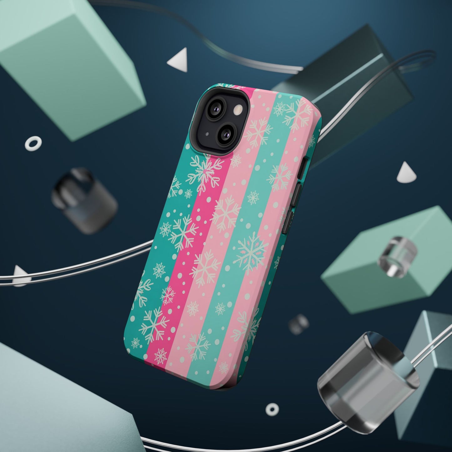 Snowflake Striped Magnetic Impact-Resistant Phone Case — Pink & Teal Winter Design