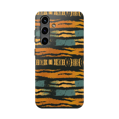 Tiger Stripe Tough Phone Case — Rugged Protective iPhone Cover with Amber & Teal Brushstroke Pattern
