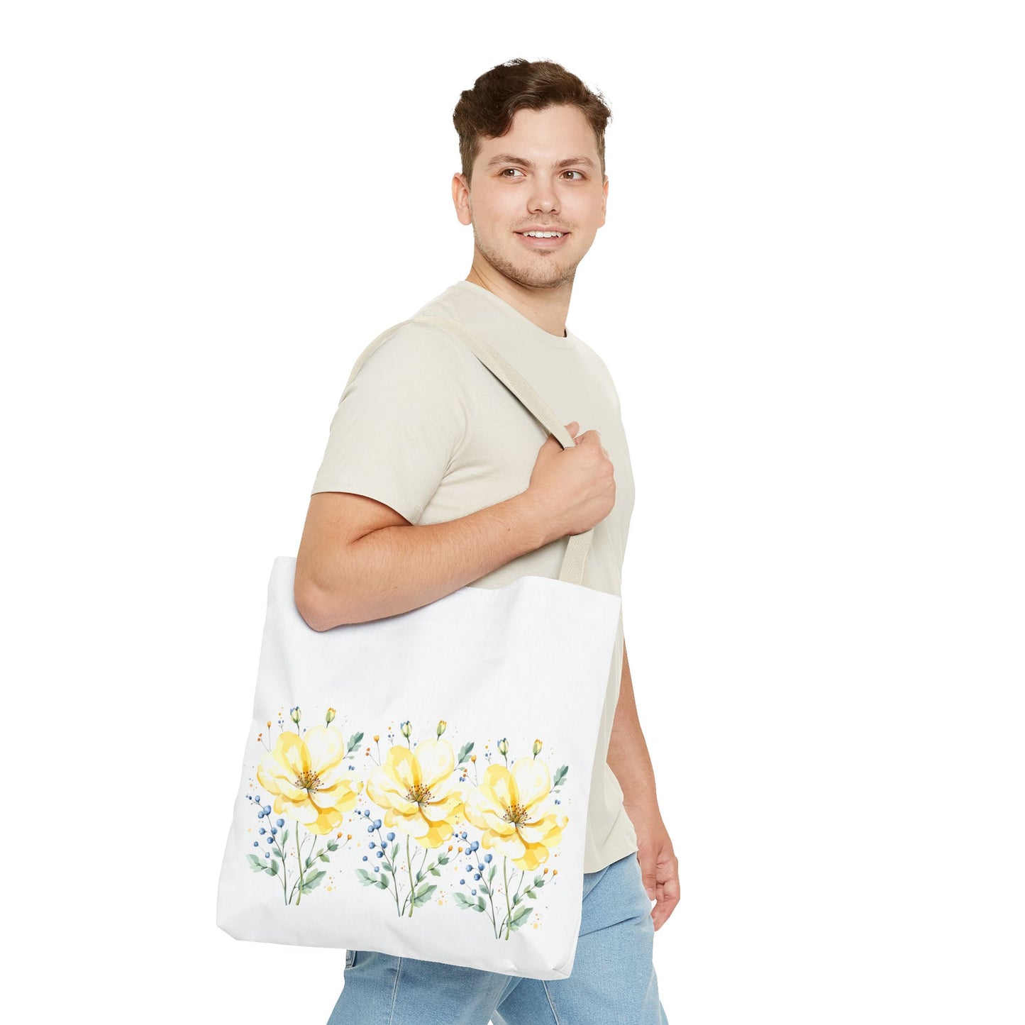 Floral Peony Tote Bag — Yellow Watercolor Flowers on White