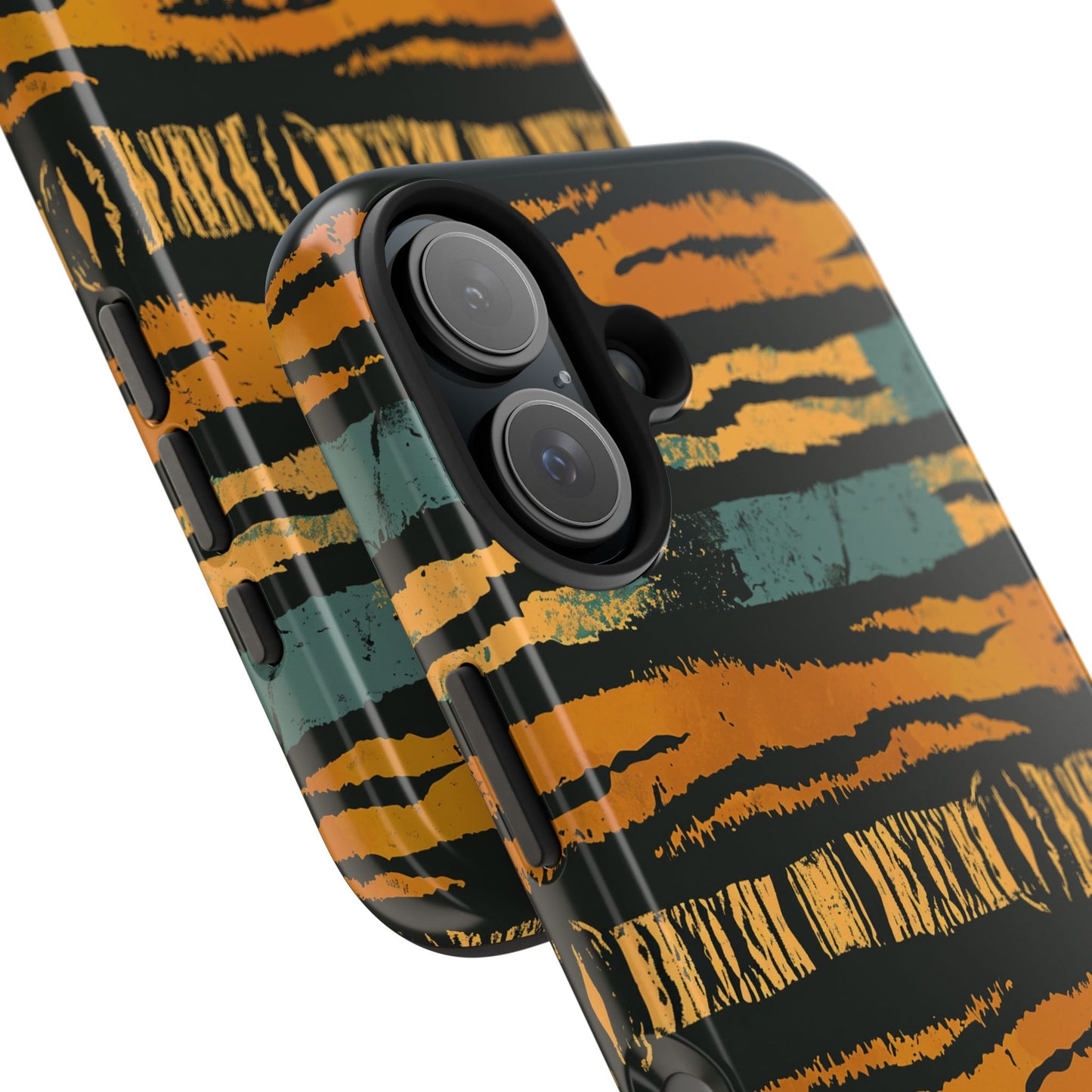 Tiger Stripe Tough Phone Case — Rugged Protective iPhone Cover with Amber & Teal Brushstroke Pattern
