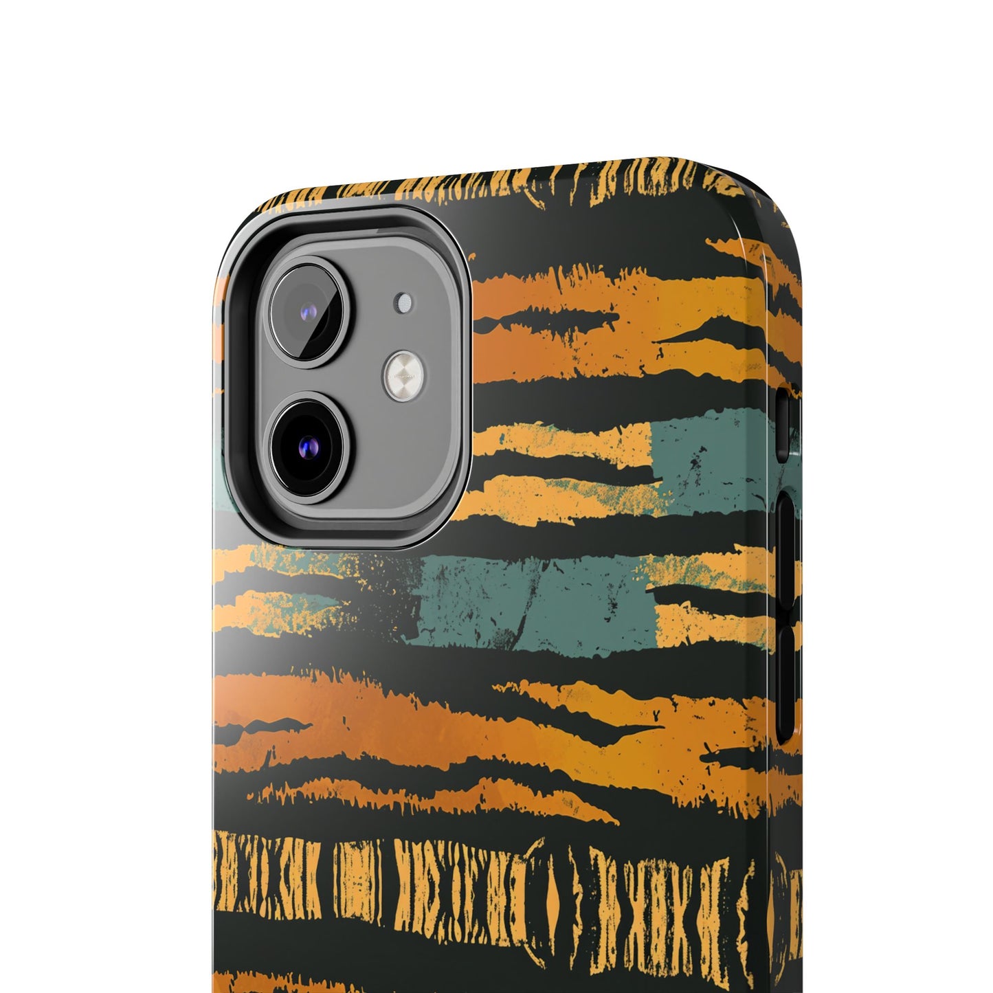 Tiger Stripe Tough Phone Case — Rugged Protective iPhone Cover with Amber & Teal Brushstroke Pattern