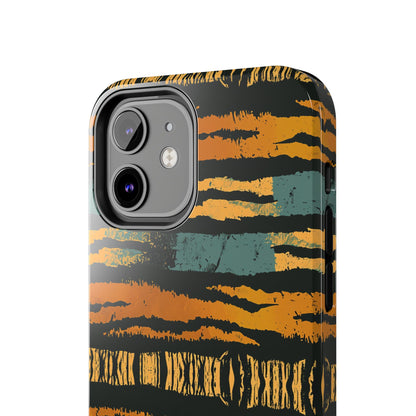 Tiger Stripe Tough Phone Case — Rugged Protective iPhone Cover with Amber & Teal Brushstroke Pattern
