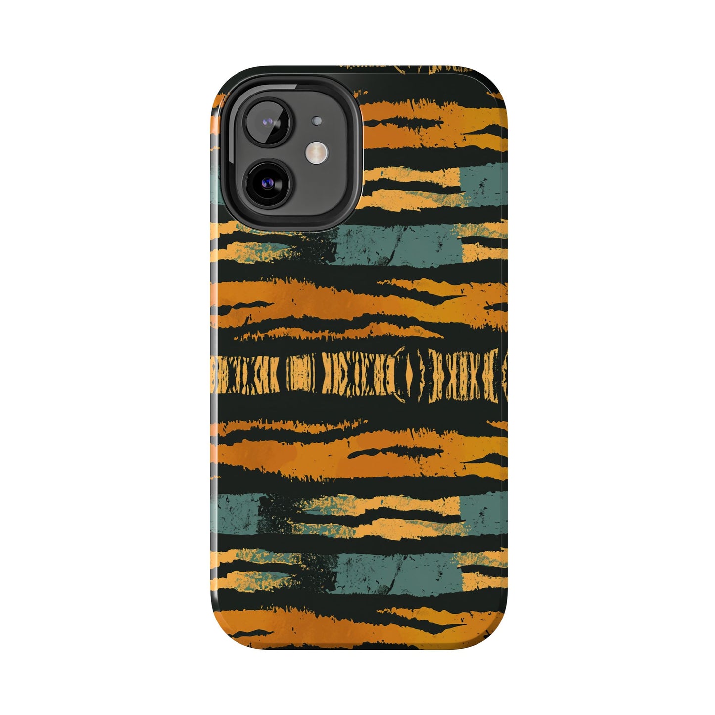 Tiger Stripe Tough Phone Case — Rugged Protective iPhone Cover with Amber & Teal Brushstroke Pattern