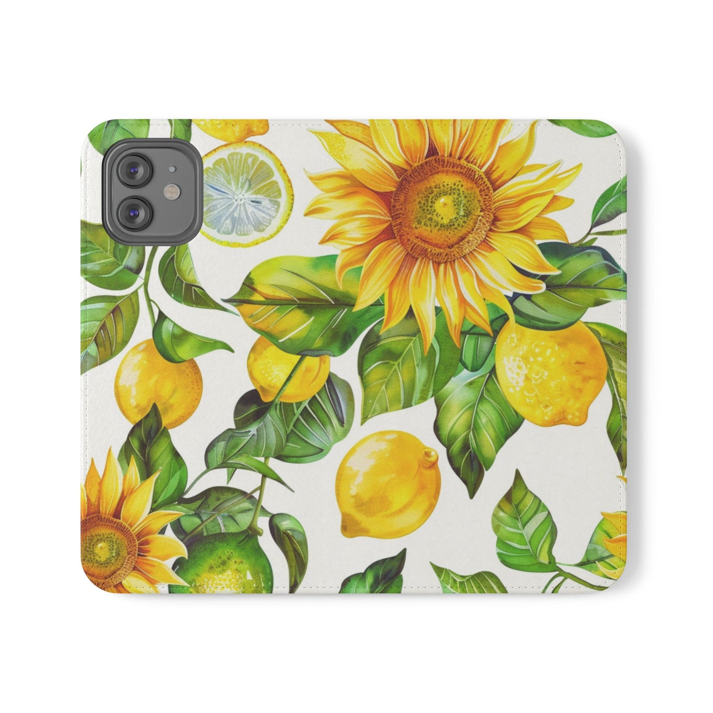 Sunflower & Lemon Flip Phone Case – Floral Wallet Flip Case with Card Slots