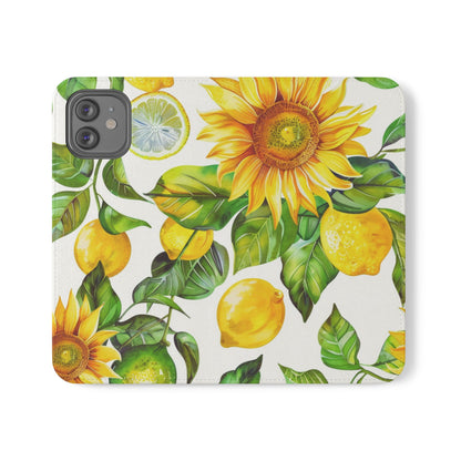 Sunflower & Lemon Flip Phone Case – Floral Wallet Flip Case with Card Slots