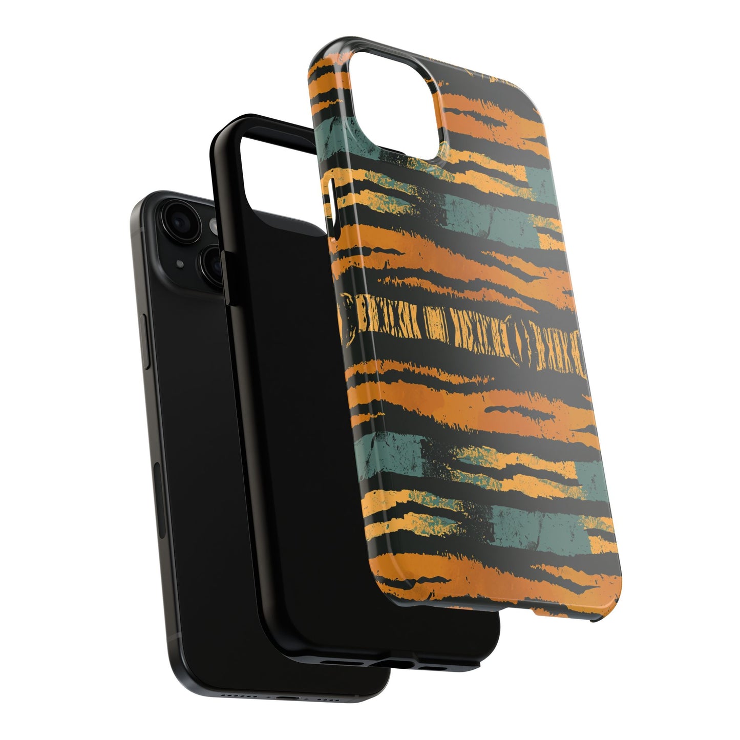 Tiger Stripe Tough Phone Case — Rugged Protective iPhone Cover with Amber & Teal Brushstroke Pattern