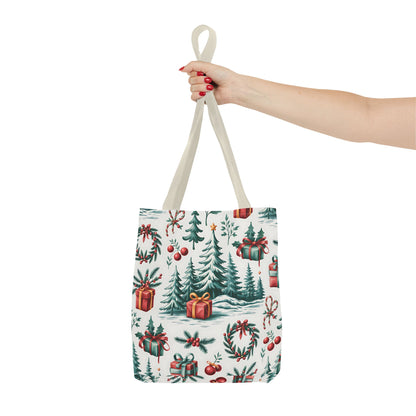 Festive Holiday Tote Bag with Christmas Trees and Gifts