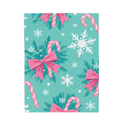 Christmas Candy Cane Plush Blanket — Teal Snowflake Velveteen Throw