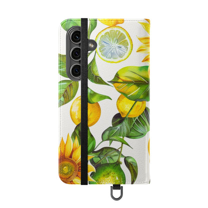 Sunflower & Lemon Flip Phone Case – Floral Wallet Flip Case with Card Slots