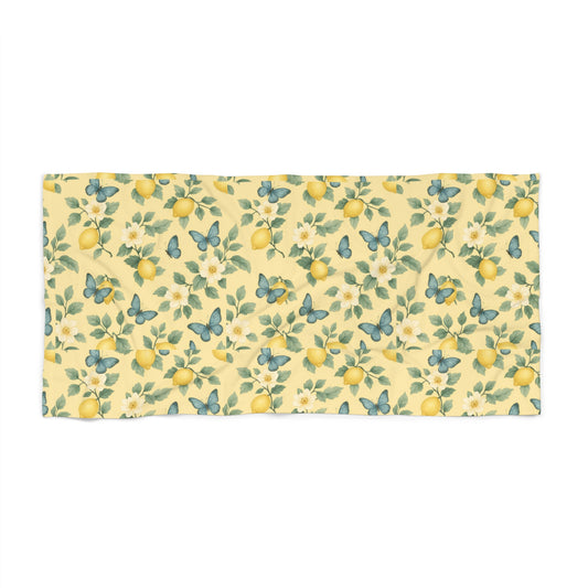 Sunny Lemon Butterfly Beach Towel, Summer Picnic Essential, Poolside Accessory, Gift for Beach Lovers, Eco-Friendly Towel