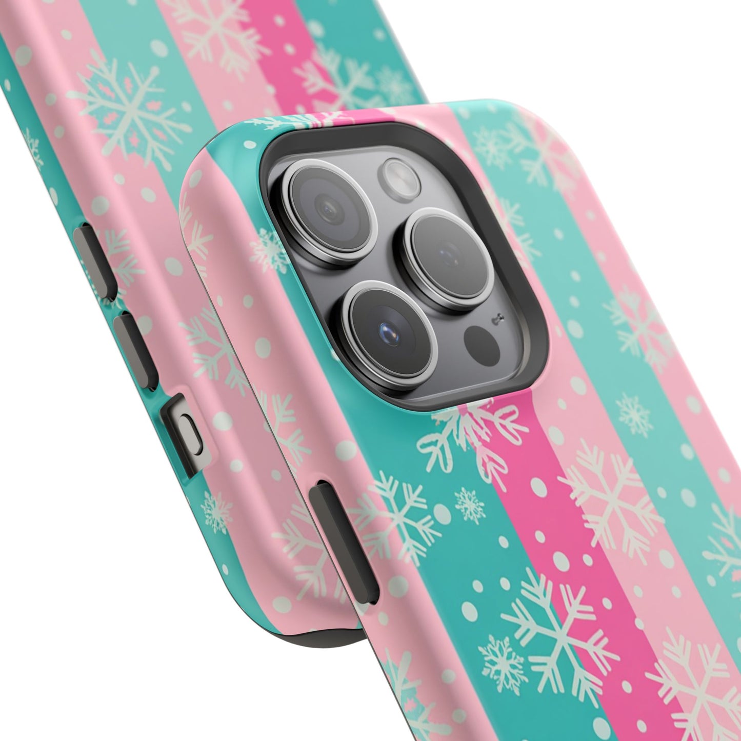 Snowflake Striped Magnetic Impact-Resistant Phone Case — Pink & Teal Winter Design