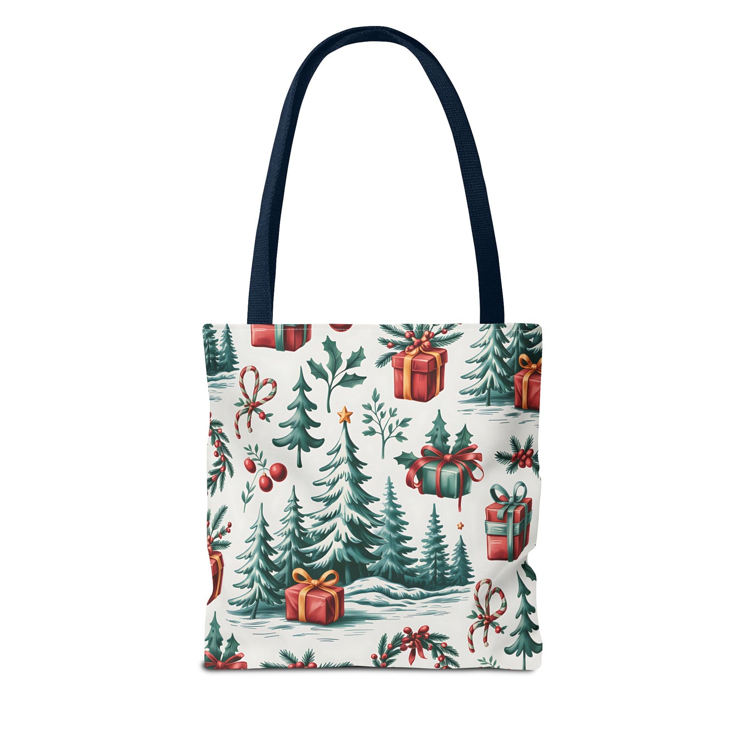 Festive Holiday Tote Bag with Christmas Trees and Gifts