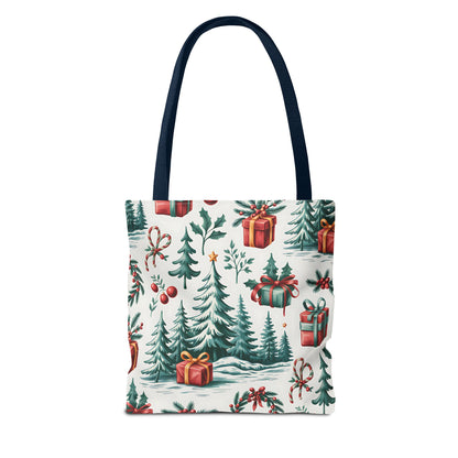 Festive Holiday Tote Bag with Christmas Trees and Gifts