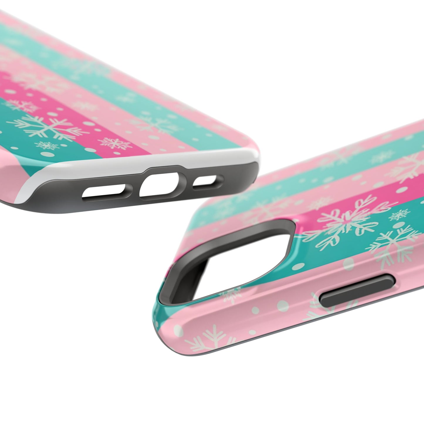 Snowflake Striped Magnetic Impact-Resistant Phone Case — Pink & Teal Winter Design