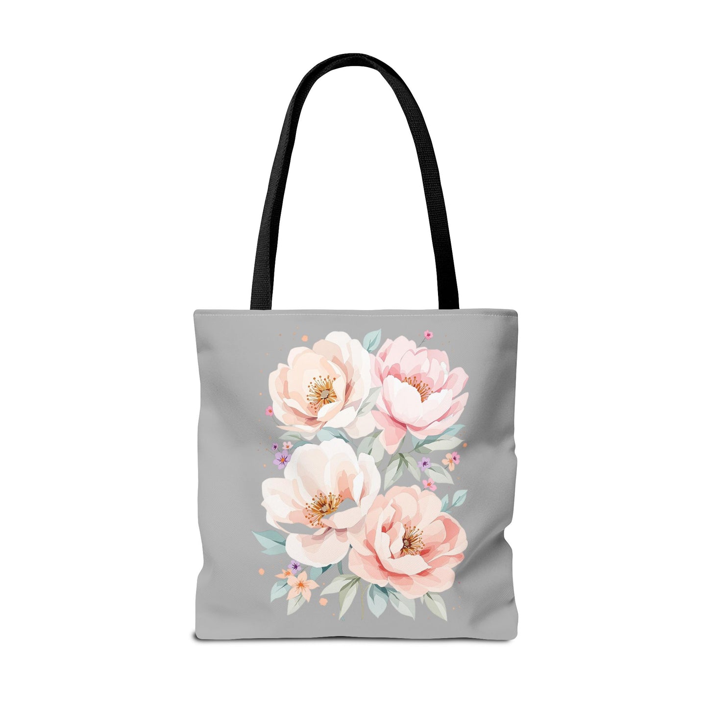 Floral Peony Tote Bag — Pink Watercolor Flowers on Grey
