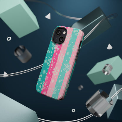 Snowflake Striped Magnetic Impact-Resistant Phone Case — Pink & Teal Winter Design