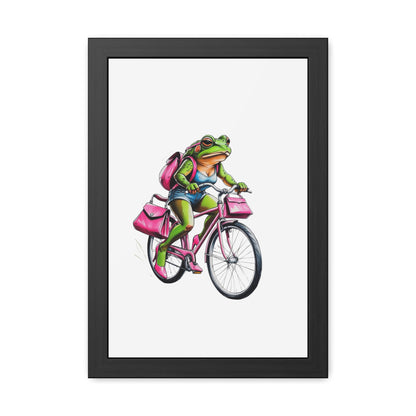 Whimsical Frog on Bicycle Framed Poster, Quirky Wall Art, Home Decor, Gift for Nature Lovers, Bike Enthusiasts