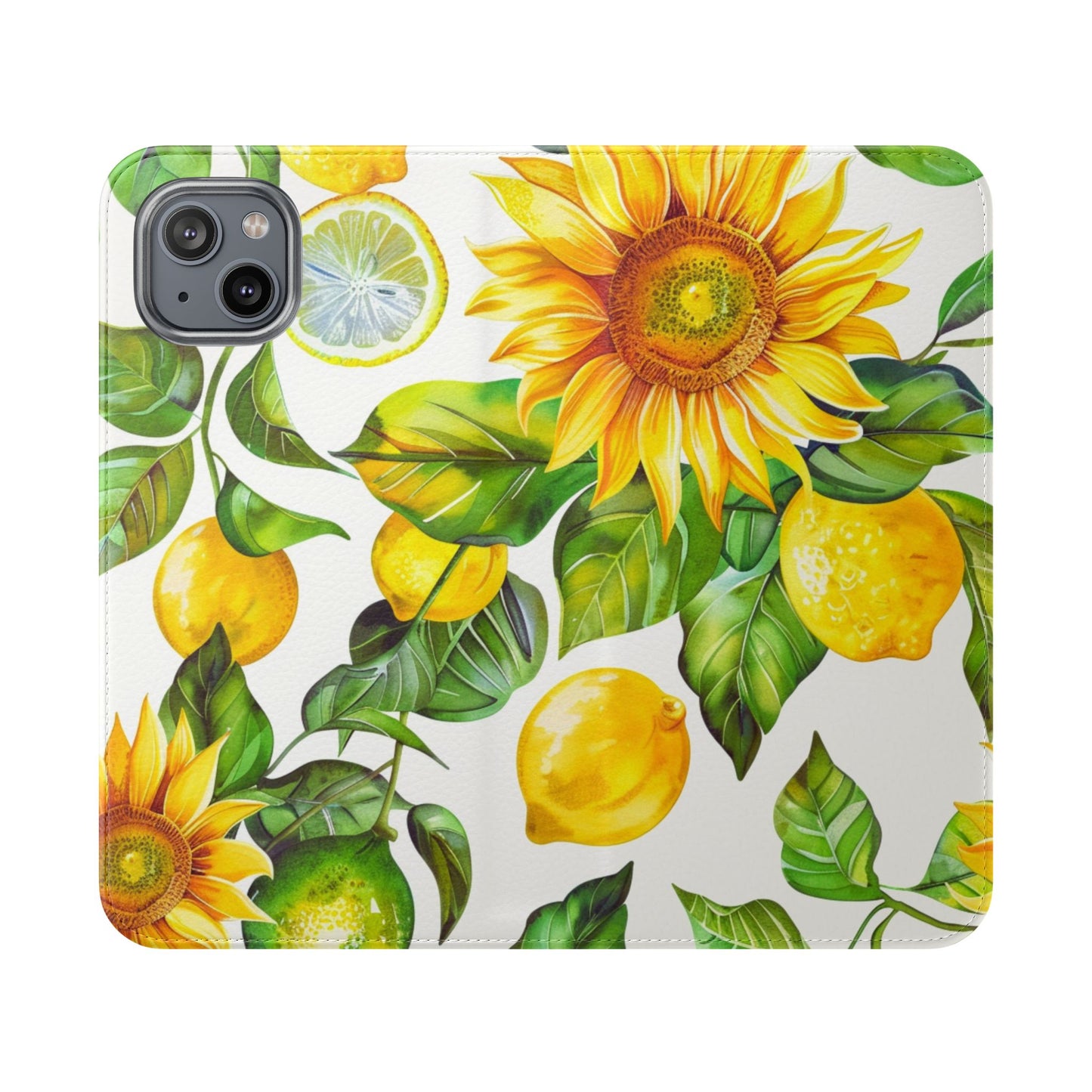 Sunflower & Lemon Flip Phone Case – Floral Wallet Flip Case with Card Slots