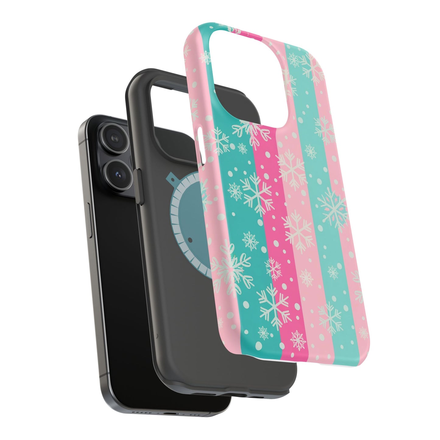 Snowflake Striped Magnetic Impact-Resistant Phone Case — Pink & Teal Winter Design