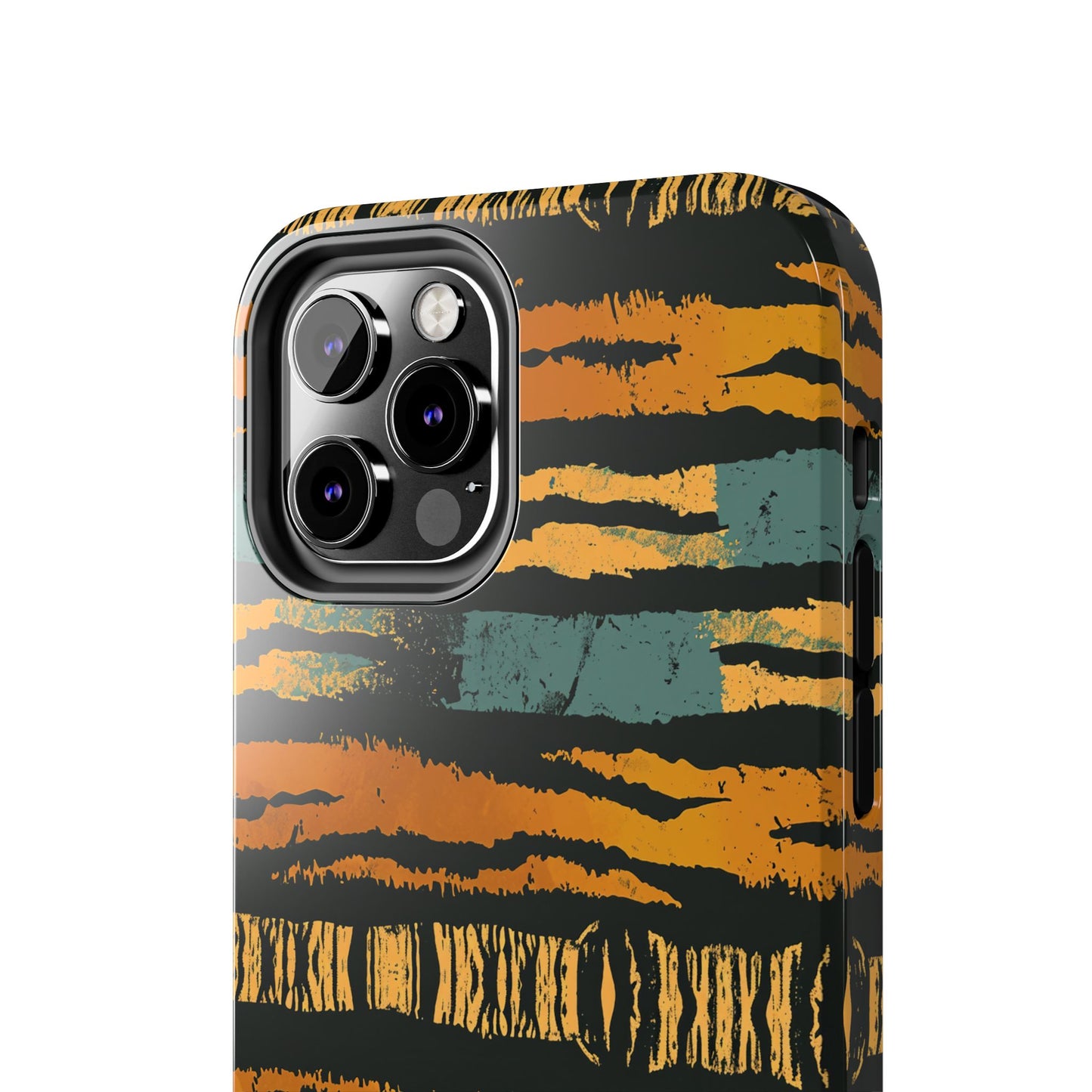 Tiger Stripe Tough Phone Case — Rugged Protective iPhone Cover with Amber & Teal Brushstroke Pattern