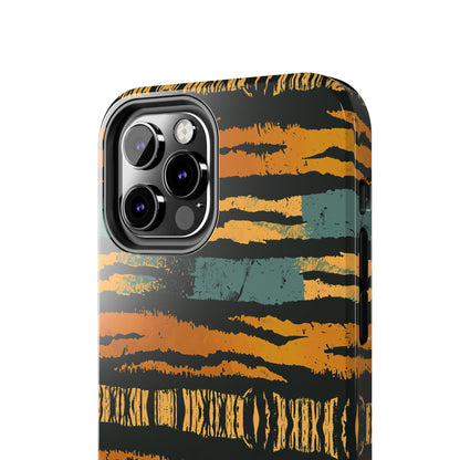 Tiger Stripe Tough Phone Case — Rugged Protective iPhone Cover with Amber & Teal Brushstroke Pattern