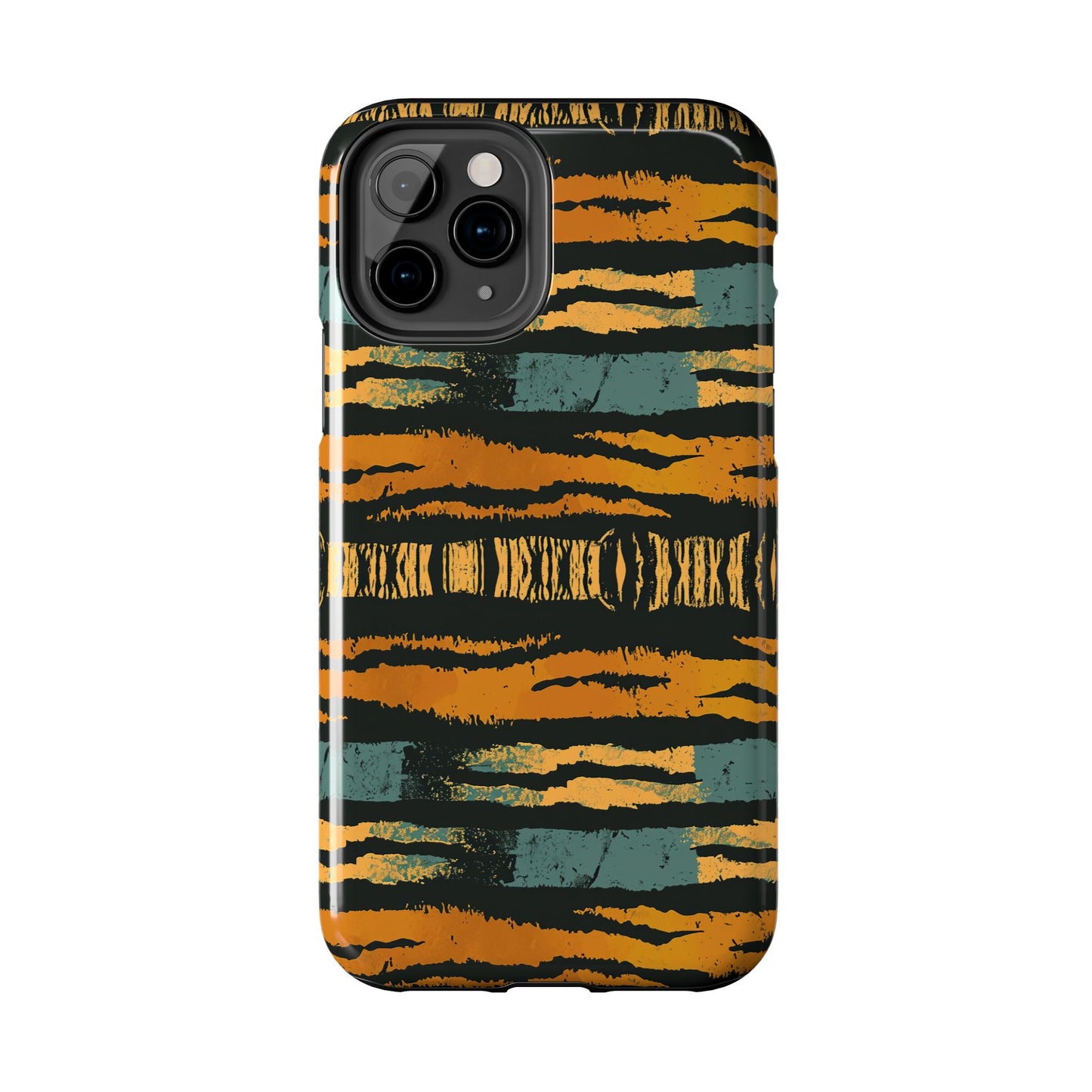 Tiger Stripe Tough Phone Case — Rugged Protective iPhone Cover with Amber & Teal Brushstroke Pattern