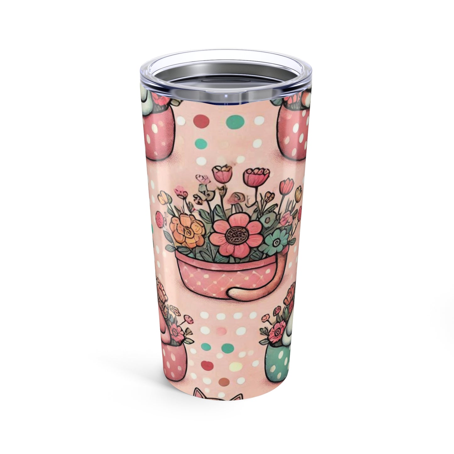20oz Floral Cat Tumbler – Cute Polka Dot Teacup Bouquet Travel Mug