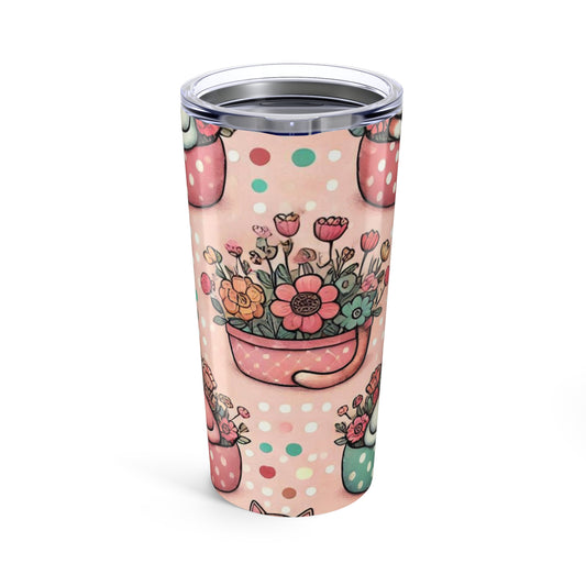 20oz Floral Cat Tumbler – Cute Polka Dot Teacup Bouquet Travel Mug