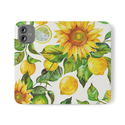 Sunflower & Lemon Flip Phone Case – Floral Wallet Flip Case with Card Slots