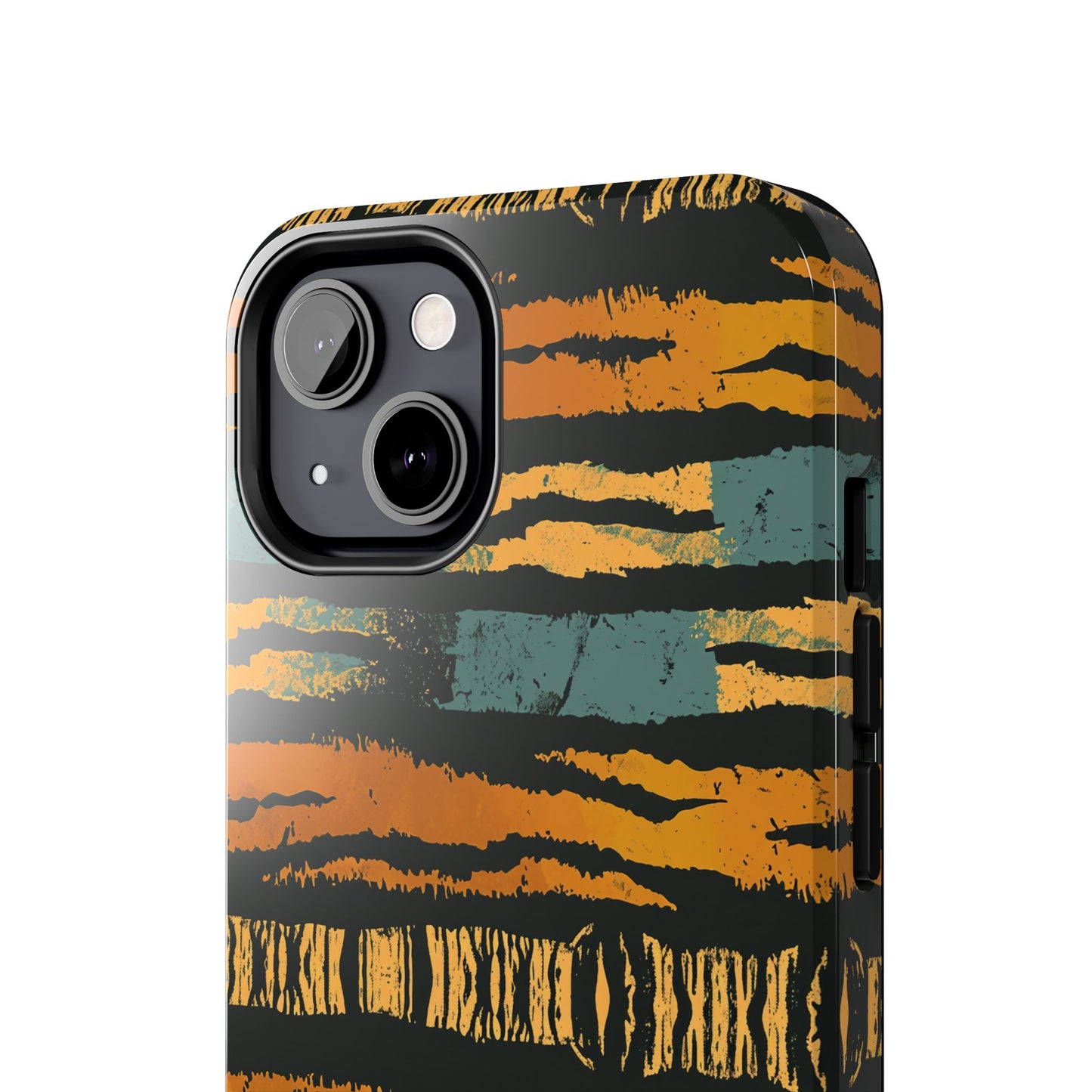 Tiger Stripe Tough Phone Case — Rugged Protective iPhone Cover with Amber & Teal Brushstroke Pattern