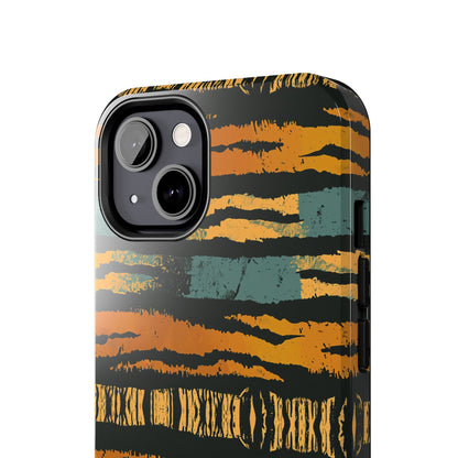 Tiger Stripe Tough Phone Case — Rugged Protective iPhone Cover with Amber & Teal Brushstroke Pattern