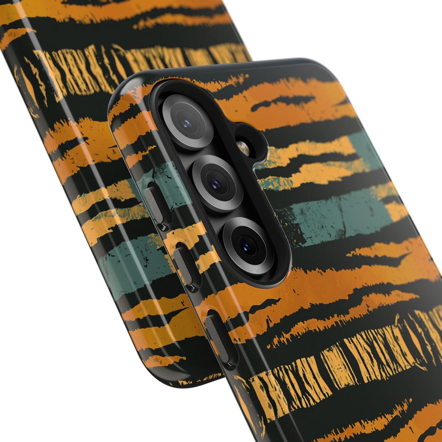 Tiger Stripe Tough Phone Case — Rugged Protective iPhone Cover with Amber & Teal Brushstroke Pattern