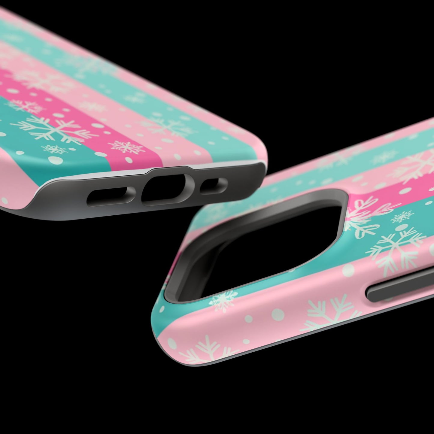 Snowflake Striped Magnetic Impact-Resistant Phone Case — Pink & Teal Winter Design