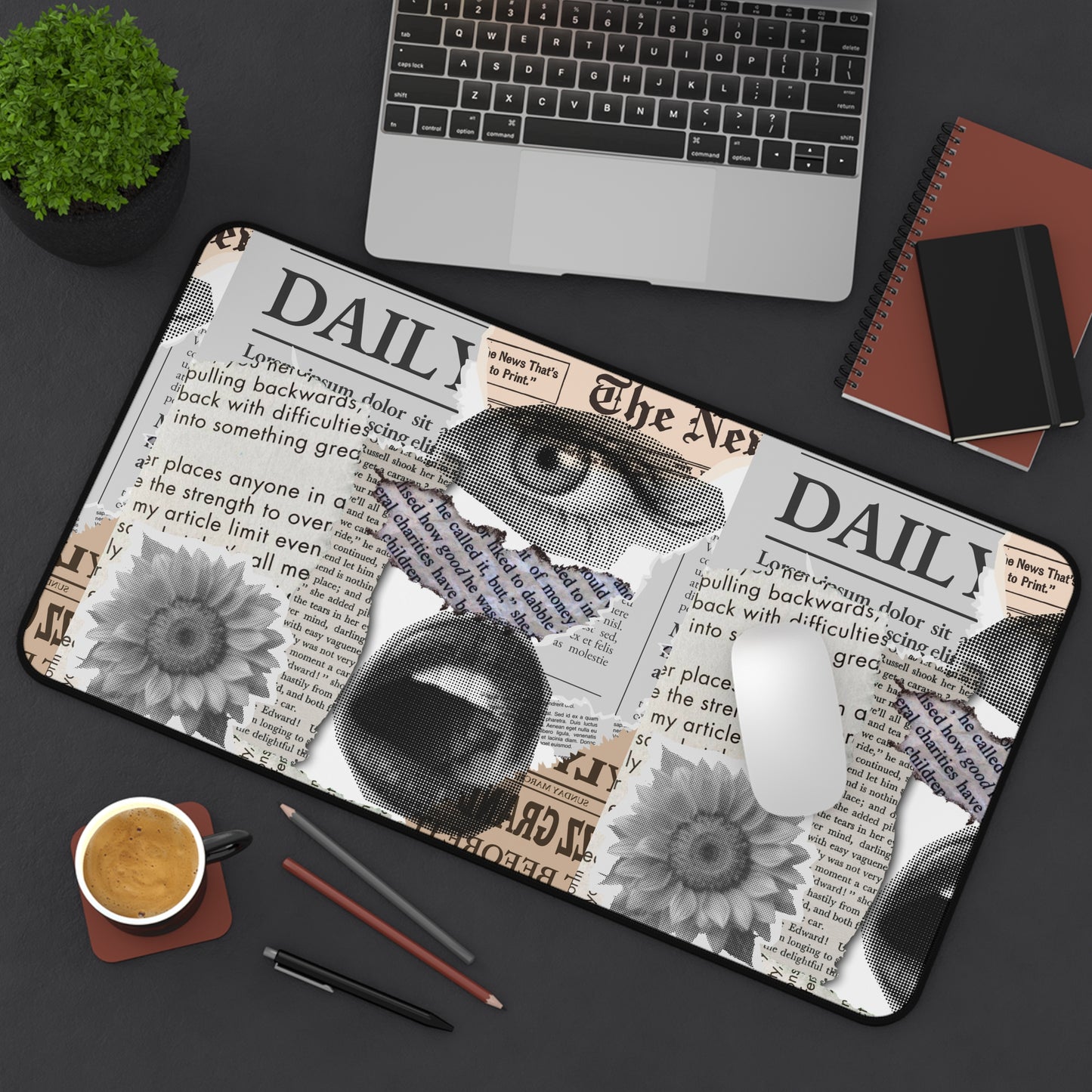 Stylish Desk Mat with Newspaper and Floral Design, Ideal for Home Office, Gifts, Desk Accessories, Office Decor, Unique Workspaces