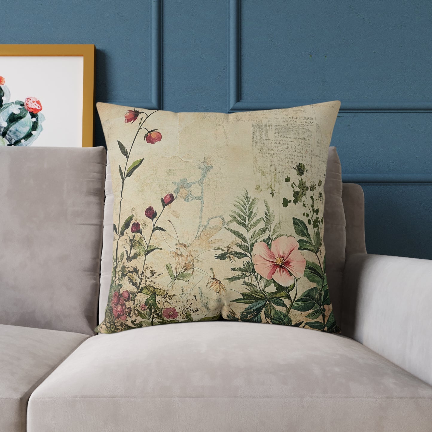 Botanical Floral Throw Pillow — Vintage Greenery Square Cushion