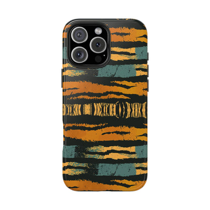 Tiger Stripe Tough Phone Case — Rugged Protective iPhone Cover with Amber & Teal Brushstroke Pattern