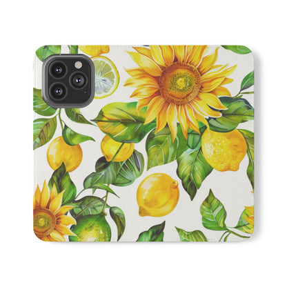 Sunflower & Lemon Flip Phone Case – Floral Wallet Flip Case with Card Slots