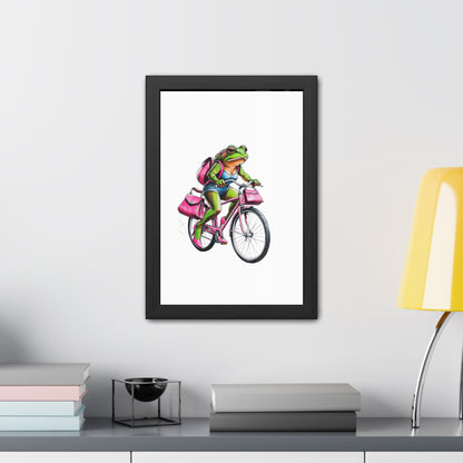 Whimsical Frog on Bicycle Framed Poster, Quirky Wall Art, Home Decor, Gift for Nature Lovers, Bike Enthusiasts