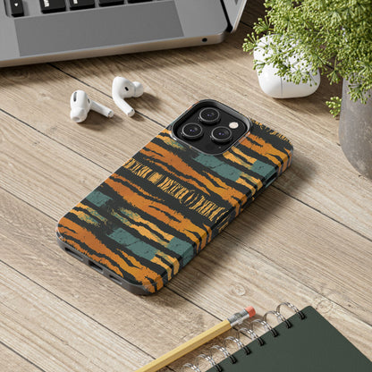 Tiger Stripe Tough Phone Case — Rugged Protective iPhone Cover with Amber & Teal Brushstroke Pattern