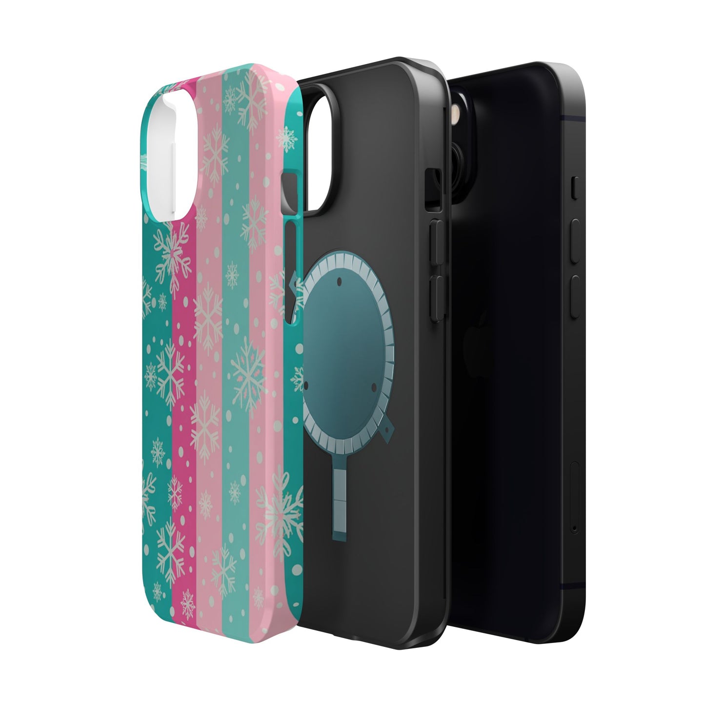 Snowflake Striped Magnetic Impact-Resistant Phone Case — Pink & Teal Winter Design