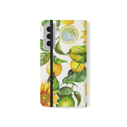 Sunflower & Lemon Flip Phone Case – Floral Wallet Flip Case with Card Slots