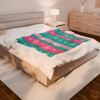 Snowflake Stripe Plush Blanket — Teal & Pink Velveteen Throw