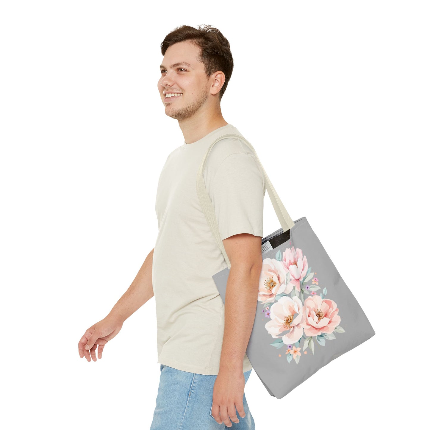 Floral Peony Tote Bag — Pink Watercolor Flowers on Grey