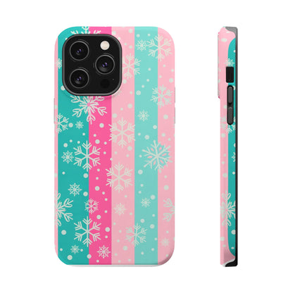 Snowflake Striped Magnetic Impact-Resistant Phone Case — Pink & Teal Winter Design